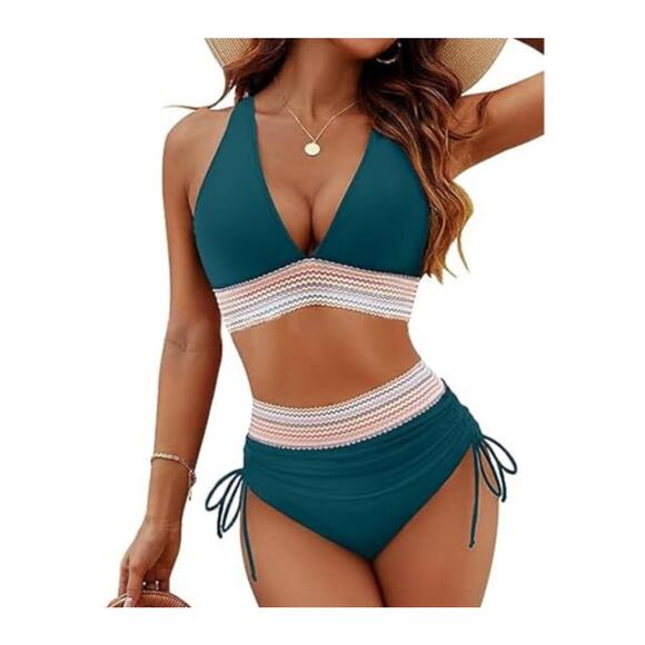 NWOT Women's Tummy Control High Waisted Bikini Set Sz S Turquoise Color Block - Picture 1 of 9